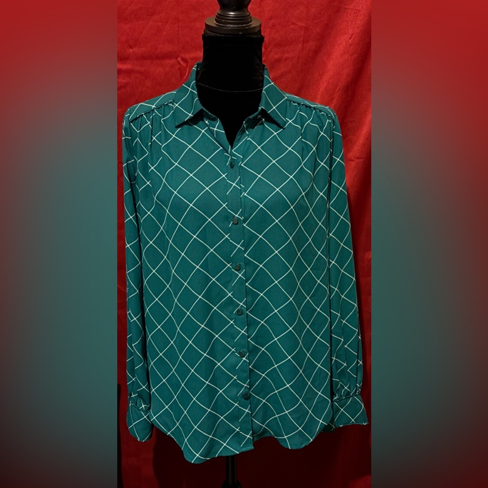 Worthington Teal Blouse with White Diamond Pattern